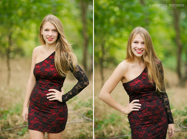 Gorgeous high school senior picture wearing red dress in outdoor senior portraits in Addison TX taken by Chantal Brown.