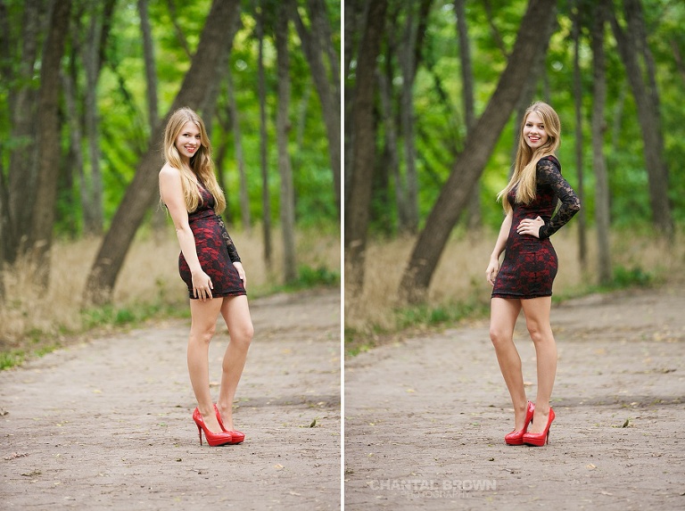 Wearing gorgeous red high heel shoes in a red dress Addison Texas senior portrait by Chantal Brown Dallas portrait photographers