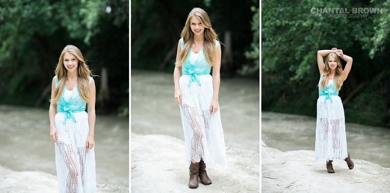 Standing on white rock near the creeks for Greenhill high school senior portraits in Addison TX by Chantal Brown