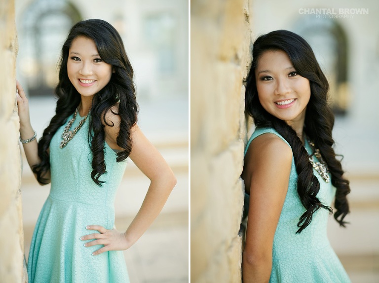 Pretty smiling senior pictures taken at Adriatica Village in McKinney TX by Chantal Brown Photography.