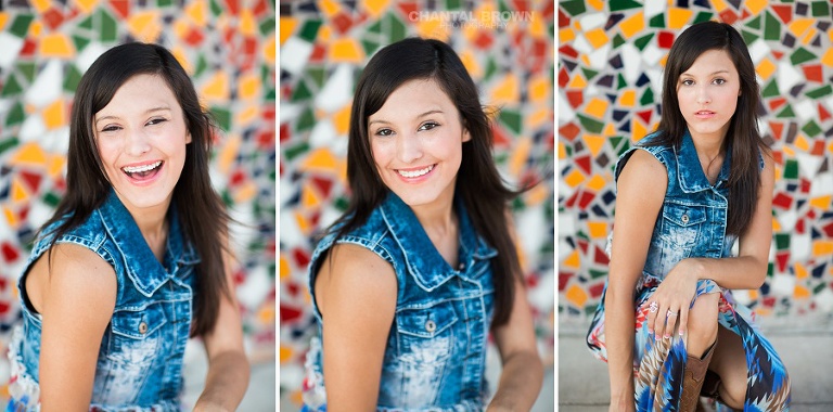 Senior Portraits in Deep Ellum Dallas TX leaning next to red yellow colorful wall by Cafe Brazil restaurant.