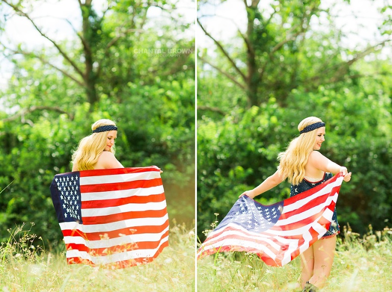 All American high school creative ideas photo shoot holding the real American flag outdoor during high noon taken by Chantal Brown Photography.