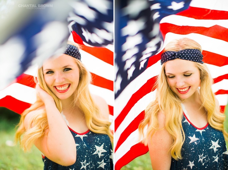All American high school inspiration ideas photo shoot taken in Dallas covered with American flag. Taken by Dallas Chantal Brown Photography.