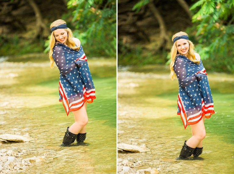 Wrapped around American flag scarf outfit senior portraits taken in Dallas water creek river for Allen high school student.