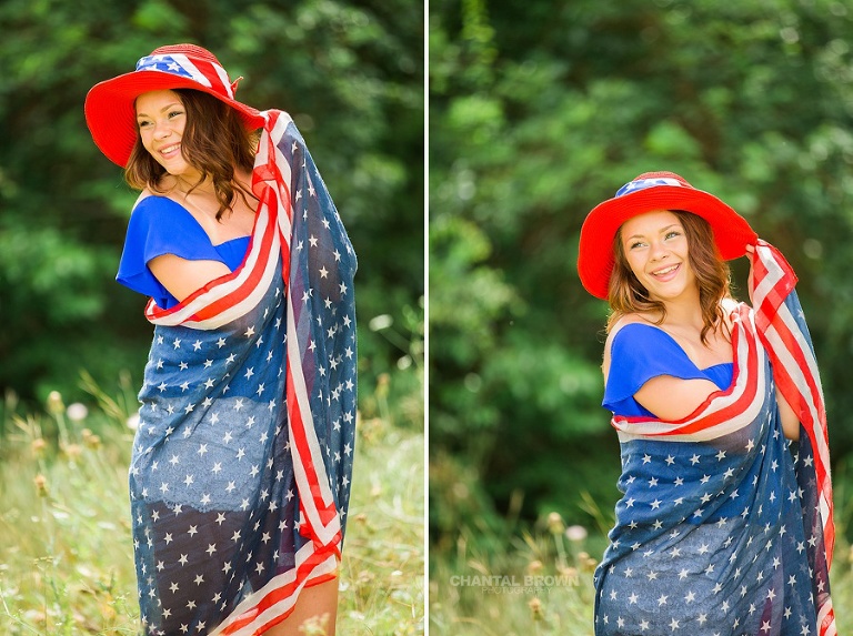 Happy 4th of July of a Mesquite high school senior portraits. She's wrapped around an American flag scarf and wearing a really pretty red, white and blue hat. 