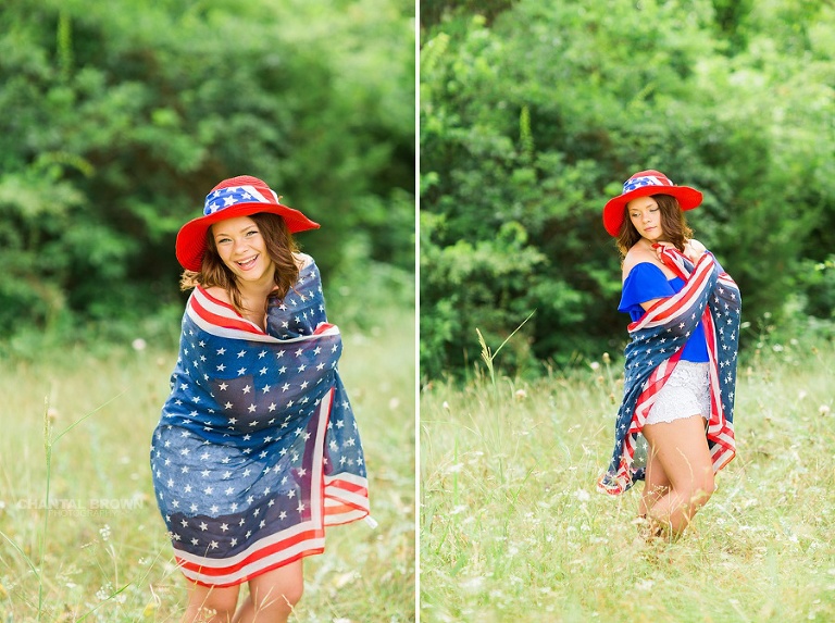 Laughing and smiling of a Mesquite high school student wrapped around an American flag scarf and wearing a red hat outfit. Taken by Dallas Chantal Brown Photography.