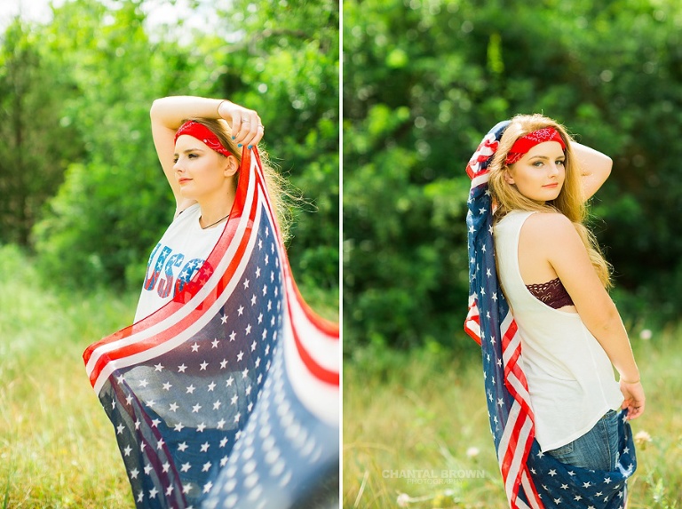 July 4th Dallas senior portraits of a Plano East high school girl holding an American flag scarf outdoor in a tall grass field during high noon.