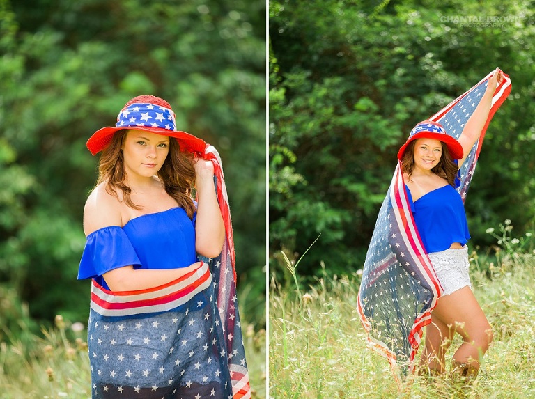 July 4th celebration themed photo shoot. A Mesquite high school senior student wrapped with an American flag scarf and wearing red, white and blue hat taken outdoor in a large tall grass field. Taken by Dallas Chantal Brown Photography.