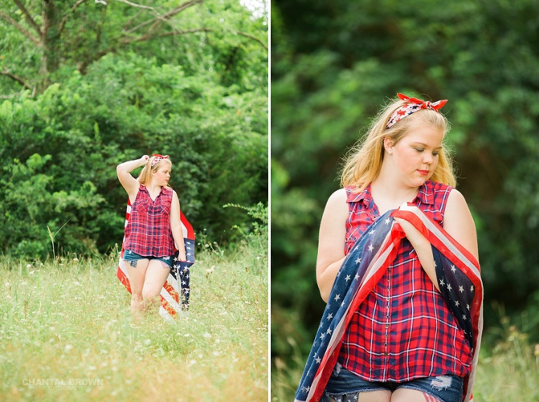 July 4th Dallas senior pictures wrapped around an American flag scarf and standing outdoor. Taken by Dallas Chantal Brown Photography.