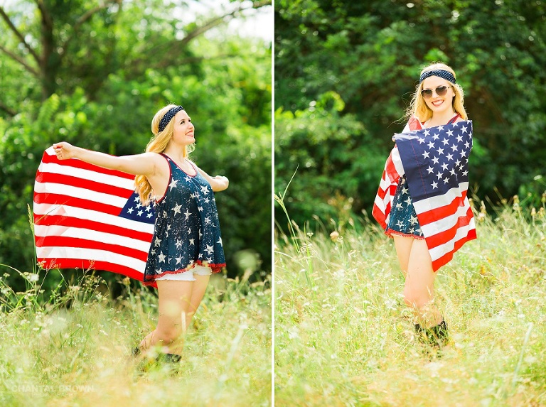 Patriotic American senior girls creative photo shoot in Dallas holding American flag and wearing red, white and blue outfits.