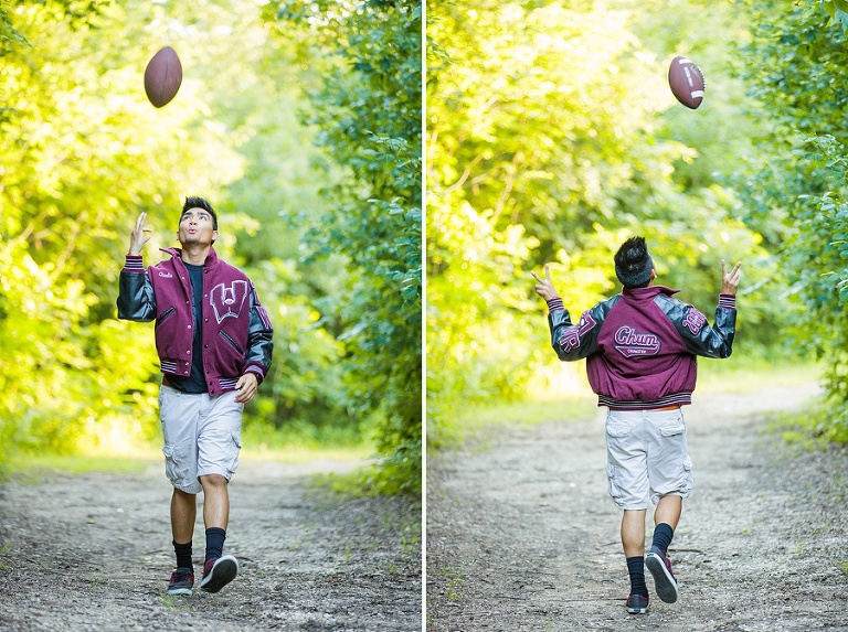 High school boys senior pictures walking with a football and jersey in Dallas Plano Texas.